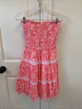 Lilly Pulitzer Smocked Strapless Tiered Dress with Lace Trim Size XS